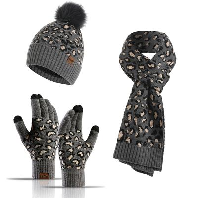 China Long Women's Beanie Hat Autumn Winter Fashion Knit Warm Leopard Color Turtle Neck Wool Hat Scarf Sets 3pcs Ladies Hats for sale