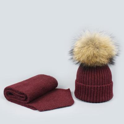 China Medium Winter Knitted Hat and Scarf Set Deluxe for Kids Hats and Scarves with Real Raccoon Fur Pom Pom Beanie Hat for Boy Girl Baby for sale