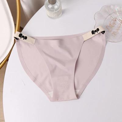 China Anti-Bacterial Bow print girls underwear solid color breathable high stretch low waist brief one piece nylon Ice silk women traceless panties for sale