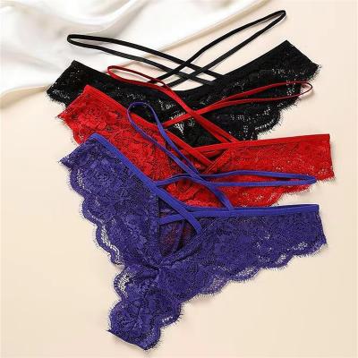 China Anti-Bacterial Ribbon Women Bikini Thongs T-String low-rise Cross Thin Belt Girl Briefs Ladies Underwear hollow out Lace thong Panties for wome for sale