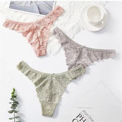 China Anti-Bacterial 7 Colors Custom Hollow Out Breathable Cotton Women Large Size Panties Beautiful Low Waist Women T-string Panties Lace Thongs for sale