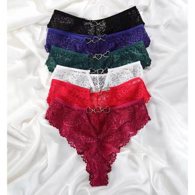 China Anti-Bacterial lace heart chain metallic girl's T-back Buttock lift High-fork low-rise Ladies Panties hollow out Women lace thong for sale