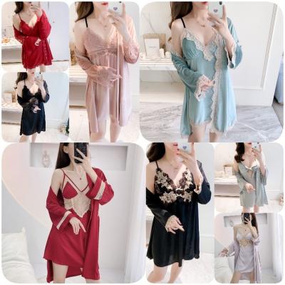 China QUICK DRY French romantic pajamas sexy thong stin Embroidery lace camisole nightdress Embroidery two pieces sleepwear for sale