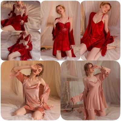 China QUICK DRY 2 Pieces Women Pajamas Sets Faux Silk Pajamas Sleepwear Sets Embroidery Lace Bath Gown Wedding Night Dress Robe for sale