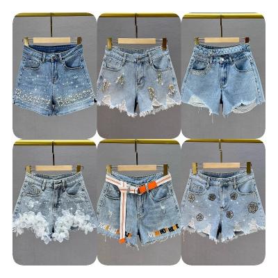 China QUICK DRY 2023 New Streetwear Casual High Waist Beaded Sequin Blingbling Booty Fringed Ripped Shorts Rhinestone Ladies Skinny Denim Jeans for sale