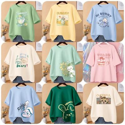 China Anti-wrinkle New summer 2024 loose-fitting T-shirts short sleeves O- neck solid-color casual fashion cartoon print women T-shirts for sale