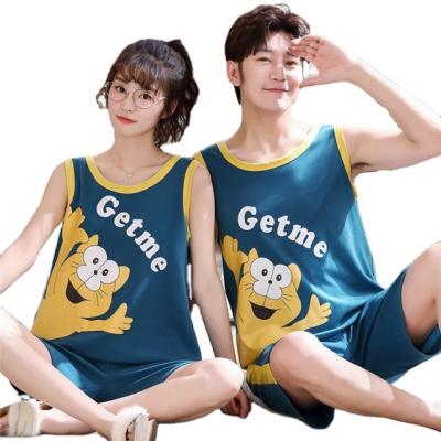 China QUICK DRY Couples Pajamas Summer 2 Pieces Shorts Pajama Sets Men And Women Home Use Sleeveless Girls Pajamas Cotton Womens Pj Sleepwear for sale