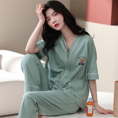 China Korean Style Summer QUICK DRY 2 Piece Pajamas Sets Women Apparel Ladies Knit Sleepwear Plus Size Woman Cotton Pajamas for sale