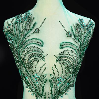 China Flatback Green color hand chroceted rhinestone glass bodice applique clothing for party or prom WDD1358 for sale