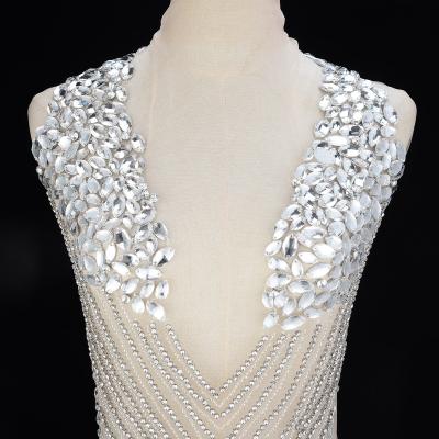 China Flatback (2PCS) Silver crystal rhinestone glass hand chroceted bodice applique  for party dress prom dress WDD1356 for sale