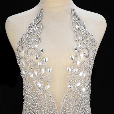 China Flatback (2PCS) Rhinestone silver clear Crystal Beaded Bodice Rhinestone Applique Patch For Party Wedding Dress WDD1351 for sale