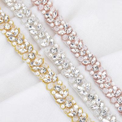 China Flatback 10 yards bridal beaded silver gold rhinestone appliques trim iron on for wedding dresses belt WDD0920 for sale