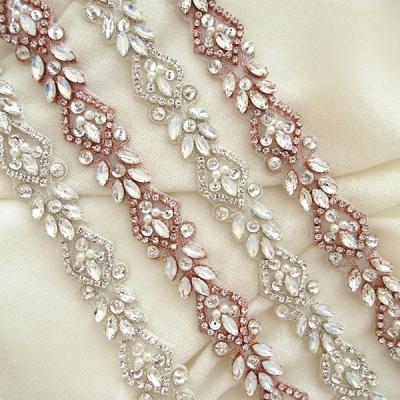 China Flatback (10 yards) Wholesale bridal beaded sewing silver rose gold crystal rhinestone applique trim iron on for wedding dress WDD0918 for sale