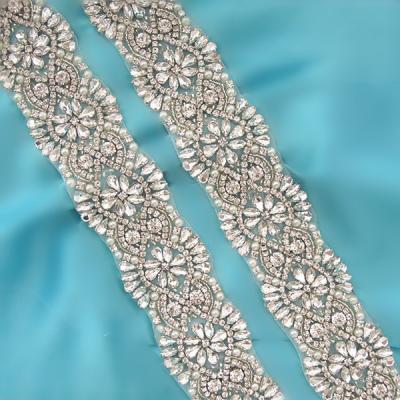 China Flatback (10 YARDS) Wholesale bridal beaded sewing silver crystal rhinestone pearl applique trim for wedding dress sash iron on WDD0099 for sale