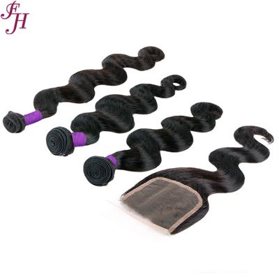 China High Quality Silky Straight Brazilian Wave 4x4 Closure FH Hair Bundles Transparent Lace Closure With 3 Virgin Hair Bundles for sale