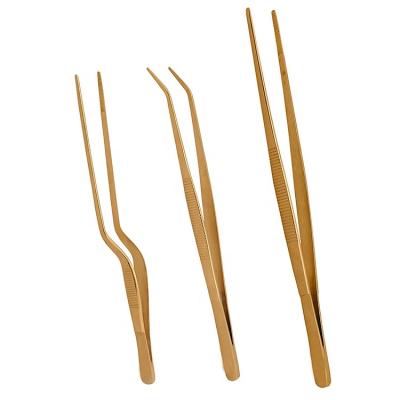 China Sustainable Kitchen Cooking Culinary Tweezers 3pcs Stainless Steel Kitchen Set Chef Plating Tweezers Tongs Gold for sale