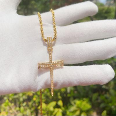 China Hiphop Copper Plated Gold Cross Necklace Zircon Inlaid Dangle Mens Hip Hop Chain Mens Jewelry for sale