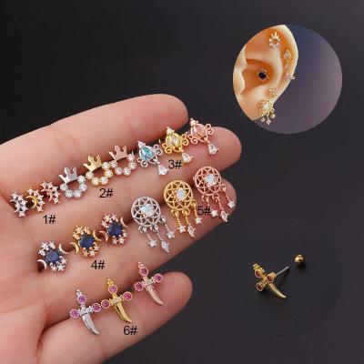 China FASHIONABLE Cochlear Fine Inlaid Copper Zircon Earrings Screw Loop Stainless Steel Needle Ear Bone Prick Ear Studs for sale