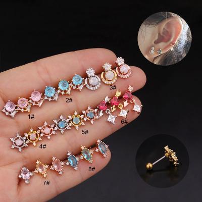 China FASHIONABLE Colorful Round Zirconia Ear Studs Female Screw Earrings Stainless Steel Fashion Piercing Female Earrings for sale