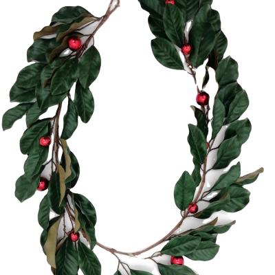 China Chirstmas Decor 6ft Magnolia Leaves With Red Shiny Ball Foliage Christmas Garland for sale