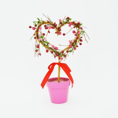 China New Different Style and Size Twig Wrapped Heart Shaped Topiary Decoration Colorful Berries and Rose Pot Valentines Wedding for sale