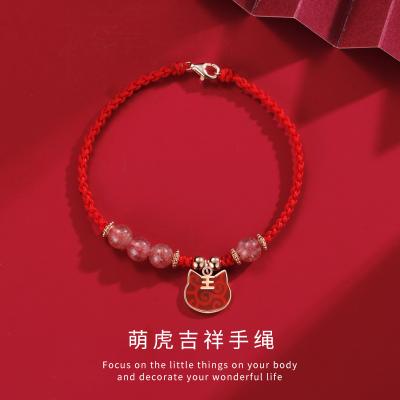 China TRENDY spring festival style jewelry wholesale Crystal Red Rope Braided Strawberry Bracelet Tiger Year Sterling Silver Bracelet petite for sale