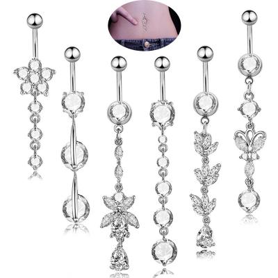 China Stainless Steel Punk Color FAHMI Dangling Belly Button Rings Zircon Inlay Navel Belly Button Body Piercing Jewelry Sets Jewelry Women for sale