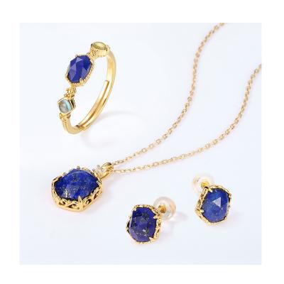 China Retro 10K Gold Plated Color Ring Loose Diamonds Elegant Classic Silver Female Geometric Japanese Romantic Style Lapis Lazuli Ring for sale