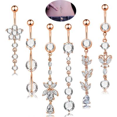 China Color Punk Heart Stainless Steel FAHMI Dangling Belly Button Rings Piercing Zircon Inlay Navel Belly Button Body Jewelry Sets for sale