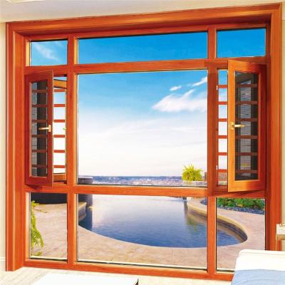 China Custom High Quality Wood Color Aluminum Frame Anti Theft Safety Glass Windows Used Casement Window With Mosquito Net for sale