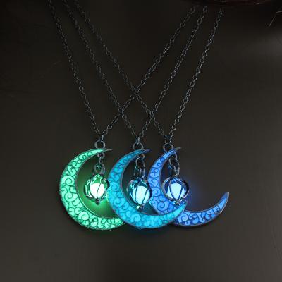 China NY309 Environmental Friendly Jewelry Crescent Shaped Pendant Luminous Stone Silver Plated Beads Glow in the Dark Necklace Moon for Women Gift for sale