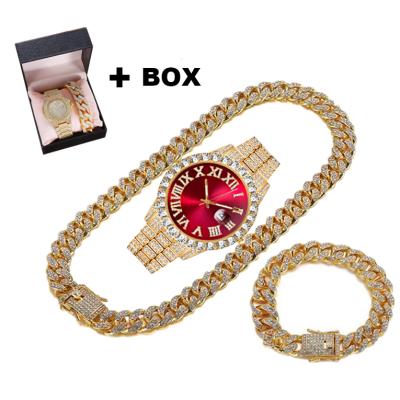 China Fashion 3in1 Set Wrist Diamond Watch Chain For Men Watch Strap Set Iced Out Men With Box Chain Wristwatches Set for sale