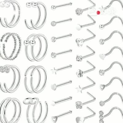 China Environmental Friendly XM20027 40 Pieces Stainless Steel Nose Stud Set C-shaped Piercing Titanium Steel Nose Ring Jewelry for sale