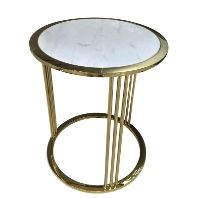 China Round white Stone top polished gold finish metal frame coffee table/side table for hotel bedrooom and living room for sale