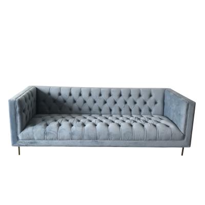 China Blue velvet fabric metal base event furniture,3-seater button tufted sofa,living room sofa,velvet event sofa for wedding for sale