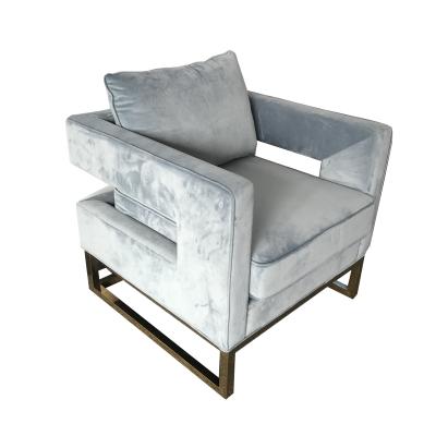 China Hot sale blue velvet fabric sofa with gold metal base,wedding event rental furniture 1-seater sofa,living room sofa for sale