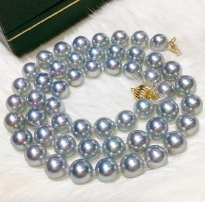 China 18 K CLASSIC Elegant Gold Plated Saltwater Akoya Pearl Necklace 7.5-8 Mm R Light Silver Blue Full Pearl Chain for sale