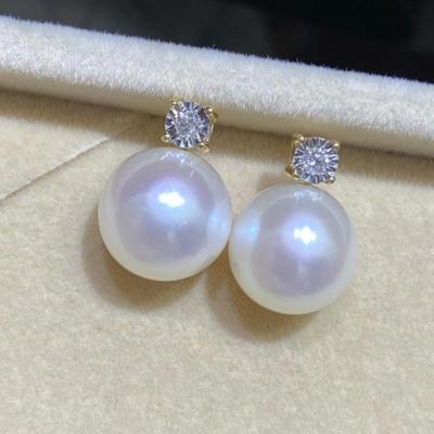 China Romantic 18K Gold Diamond Inlaid Edison White 11-12mmPerfect Strong Light Freshwater Circle Pearl Flawless Earringss for sale