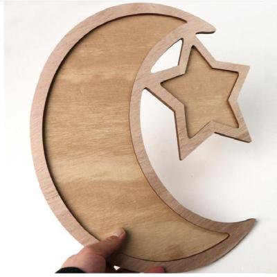 China Half moon shaped wooden eyelash mirror moon moom shape with mirror for home decoration for sale