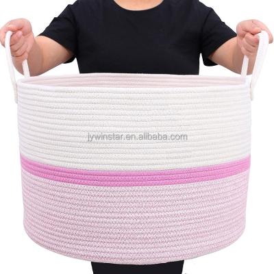 China Folding Home Storage Baskets Round Cotton Rope Woven Basket Toy Storage Basket Set With Long Handles for sale