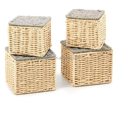 China Minimalist Eco-Friendly Handmade Rectangular Paper Woven Storage Basket Paper Rope Basket With Lid for sale