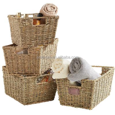 China Contemporary Natural Plant Plankton Clothing Storage Basket Open Weave Rectangular Laundry Hamper Basket For Home Decor for sale