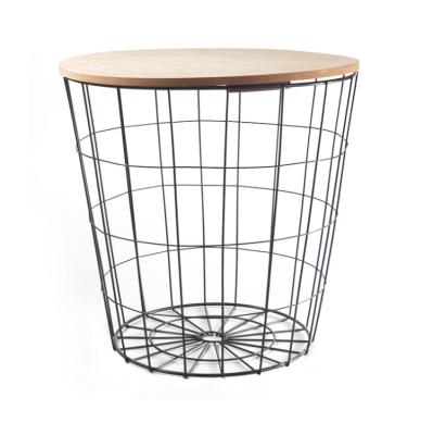 China Convertible Home Furniture Round Metal Storage Basket Iron Wire Side Table With MDF Top for sale