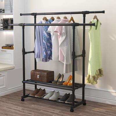 China Minimalist Multilayer Clothes Shoes Rack Floor Folding Retractable Single Double Pole Indoor Bedroom Clothes Rack for sale