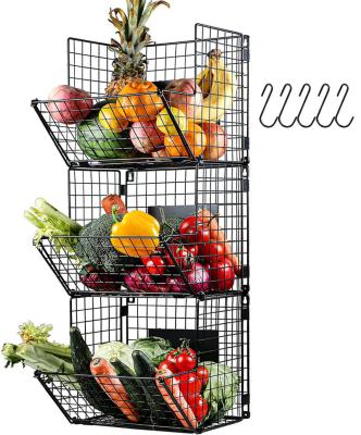 China Fruit Vegetable Storage Stocked Basket, 3 Tier Metal Wire Storage Stackable Baskets, Hanging Organizer Fruit Basket Bins For Kitchen for sale