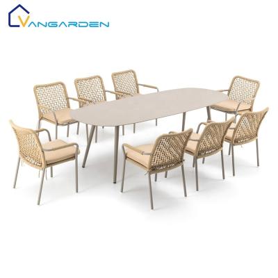 China Waterproof Outdoor Furniture 8 Seaters Luxury Rope Aluminum Outdoor Garden Dining Furniture Set for sale