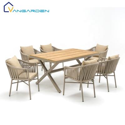 China Waterproof Outdoor Patio Furniture 6 Seaters Outdoor Garden Rope Aluminum Dining Table Set for sale