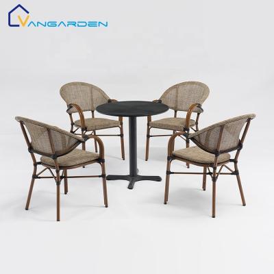 China Traditional Bamboo Powder Coated Outdoor Bistro Garden Furniture Iron Dining Table and Chair Set for Backyard for sale