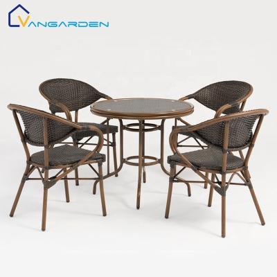 China Waterproof Outdoor Rattan Furniture 4 Seaters Hotsale Cafe Table Chairs Set Design Compact Balcovn Furniture for sale