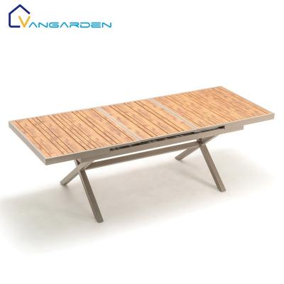 China Vangarden Plast Furniture Outdoor Waterproof Aluminum Extended Restaurant Patio Dining Table Wooden for sale